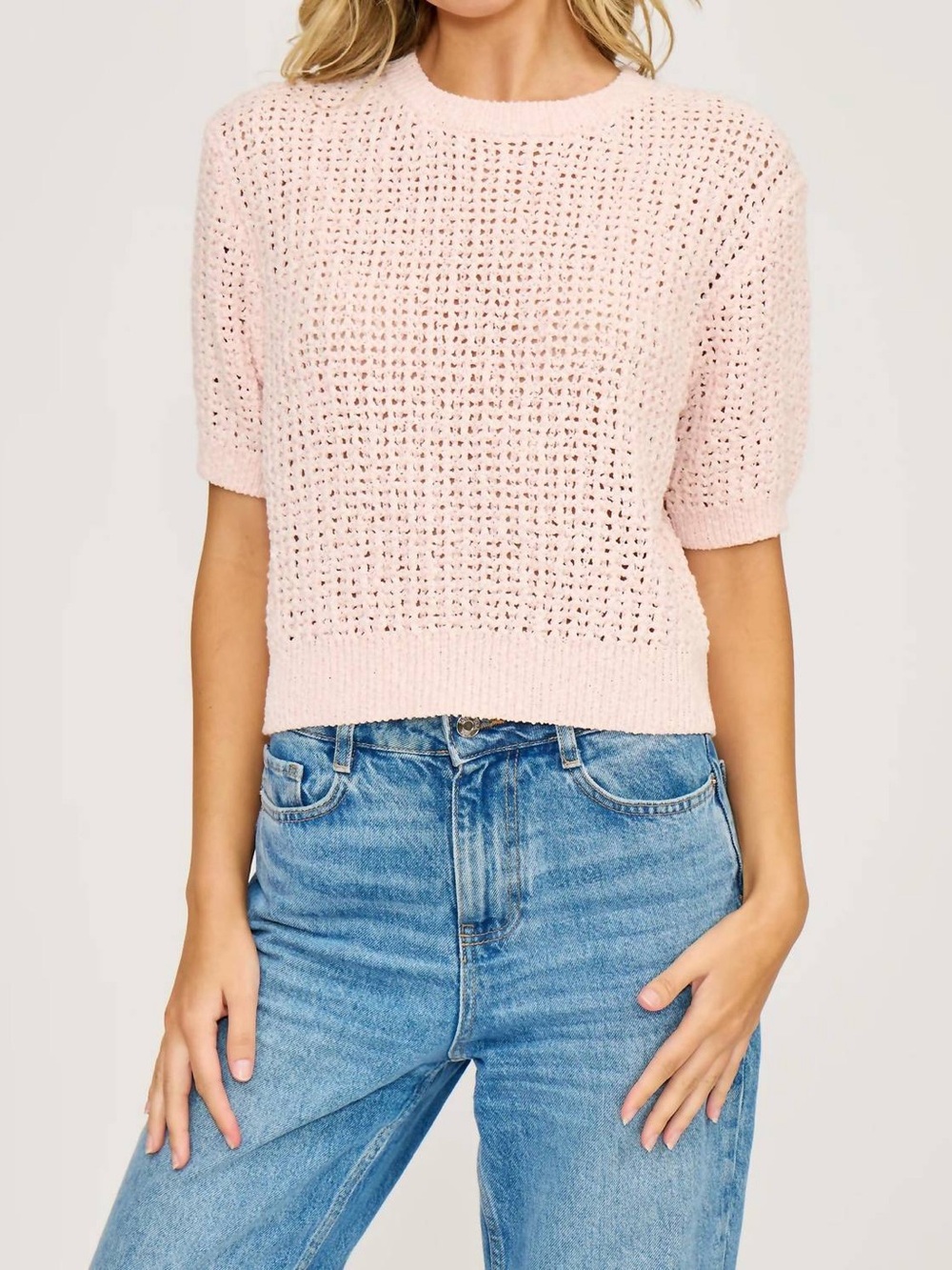 Lucy Paris Blush Open-Knit Crewneck Sweater